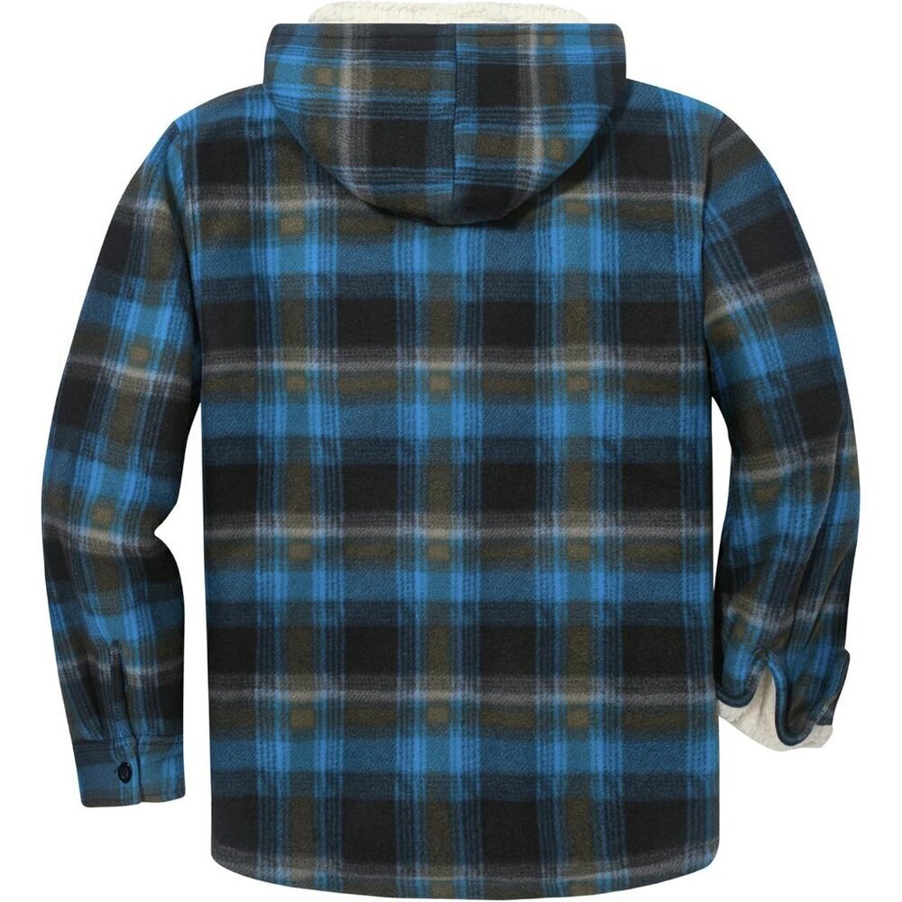 Men's Blue Yellow Fleece Sherpa Lined Plaid Jackets Full Zip Up Hoodie Outwear - Picture 2 of 6